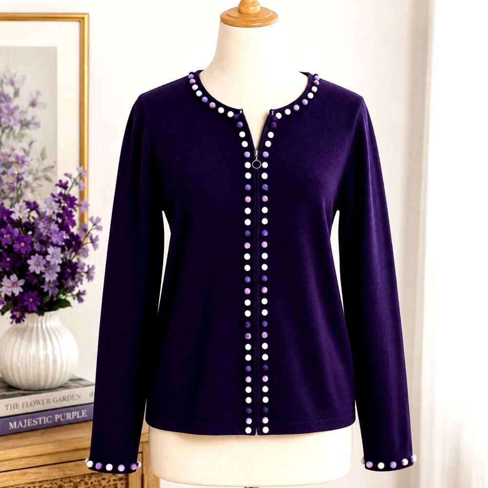Foxcroft Purple Zip Front Pom Pom Trimmed Zip Front Cardigan Sweater Size M